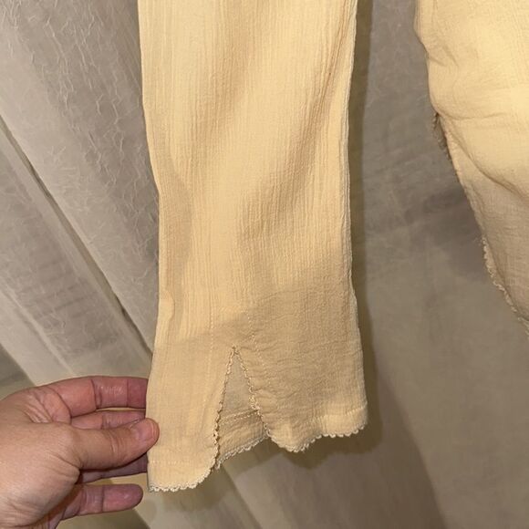 fp S Pale Yellow On The Island Crochet Yoke High Neck Sheer Mesh Bell Sleeve Top - Picture 11 of 14